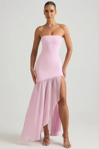 Rochie lungă asimetrică fără bretele, cu coadă de pește, Melina, în roz pal Rochie lungă asimetrică fără bretele, cu coadă de pește, Melina, în roz pal