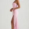 Rochie lungă asimetrică fără bretele, cu coadă de pește, Melina, în roz pal Rochie lungă asimetrică fără bretele, cu coadă de pește, Melina, în roz pal