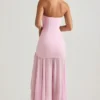 Rochie lungă asimetrică fără bretele, cu coadă de pește, Melina, în roz pal Rochie lungă asimetrică fără bretele, cu coadă de pește, Melina, în roz pal