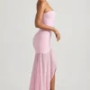Rochie lungă asimetrică fără bretele, cu coadă de pește, Melina, în roz pal Rochie lungă asimetrică fără bretele, cu coadă de pește, Melina, în roz pal