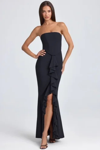 Rochie lungă corset cu volane și bandă în formă de bandou Tallullah, negru Rochie lungă corset cu volane și bandă în formă de bandou Tallullah, negru