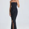 Rochie lungă corset cu volane și bandă în formă de bandou Tallullah, negru Rochie lungă corset cu volane și bandă în formă de bandou Tallullah, negru