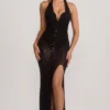 Rochie lungă cu corset și decolteu halter, cu ornamente, Ianthe, în negru