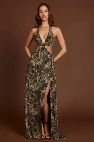 Rochie lungă cu decupaj adânc Tarsia, cu imprimeu leopard Rochie lungă cu decupaj adânc Tarsia, cu imprimeu leopard