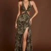 Rochie lungă cu decupaj adânc Tarsia, cu imprimeu leopard