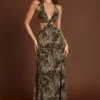 Rochie lungă cu decupaj adânc Tarsia, cu imprimeu leopard