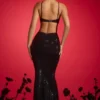 Rochie lungă cu decupaje și gât halter, cu ornamente, model Kassie, culoare negru Rochie lungă cu decupaje și gât halter, cu ornamente, model Kassie, culoare negru