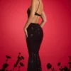 Rochie lungă cu decupaje și gât halter, cu ornamente, model Kassie, culoare negru Rochie lungă cu decupaje și gât halter, cu ornamente, model Kassie, culoare negru