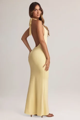 Rochie lungă cu gât halter Hallie din modal, în nuanța Lemon Sherbet Rochie lungă cu gât halter Hallie din modal, în nuanța Lemon Sherbet