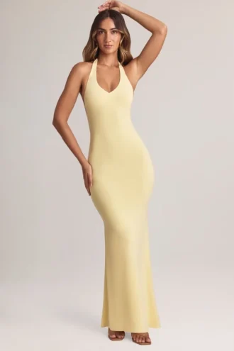 Rochie lungă cu gât halter Hallie din modal, în nuanța Lemon Sherbet Rochie lungă cu gât halter Hallie din modal, în nuanța Lemon Sherbet