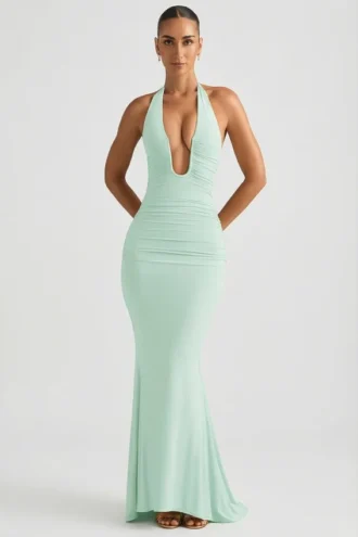 Rochie lungă cu gât halter și spate decupat, cu volane, Laverna, în culoarea mentă Rochie lungă cu gât halter și spate decupat, cu volane, Laverna, în culoarea mentă