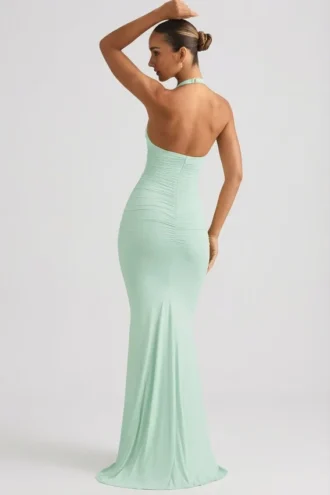 Rochie lungă cu gât halter și spate decupat, cu volane, Laverna, în culoarea mentă Rochie lungă cu gât halter și spate decupat, cu volane, Laverna, în culoarea mentă