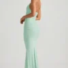 Rochie lungă cu gât halter și spate decupat, cu volane, Laverna, în culoarea mentă
