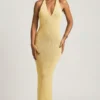 Rochie lungă cu gât halter Mirri Bouclé, galben