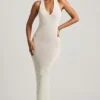 Rochie lungă cu gât halter Mirri din țesătură bouclé, albă Rochie lungă cu gât halter Mirri din țesătură bouclé, albă