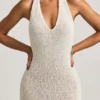 Rochie lungă cu gât halter Mirri din țesătură bouclé, albă Rochie lungă cu gât halter Mirri din țesătură bouclé, albă