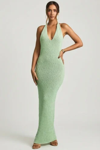 Rochie lungă cu gât în V din tricot bouclé Mirri, în culoarea mentă Rochie lungă cu gât în V din tricot bouclé Mirri, în culoarea mentă