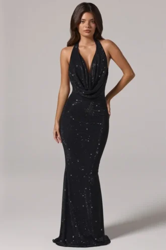 Rochie lungă cu guler cowl și spate decupat, decorată, model Feyre, în negru Rochie lungă cu guler cowl și spate decupat, decorată, model Feyre, în negru