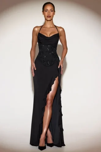 Rochie lungă cu guler cowl și volane Miravie, în negru Rochie lungă cu guler cowl și volane Miravie, în negru