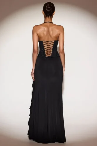 Rochie lungă cu guler cowl și volane Miravie, în negru Rochie lungă cu guler cowl și volane Miravie, în negru