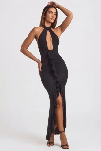 Rochie lungă cu guler halter și volane Apolline, negru Rochie lungă cu guler halter și volane Apolline, negru