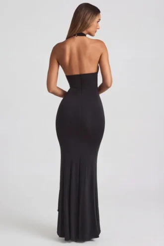 Rochie lungă cu guler halter și volane Apolline, negru Rochie lungă cu guler halter și volane Apolline, negru
