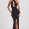 Rochie lungă cu guler halter și volane Apolline, negru Rochie lungă cu guler halter și volane Apolline, negru