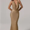 Rochie lungă cu guler înalt și spate decupat, cu ornamente, model Feyre, în culoarea auriu