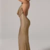 Rochie lungă cu guler înalt și spate decupat, cu ornamente, model Feyre, în culoarea auriu