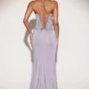 Rochie lungă cu guler înalt și volane, decorată, Miravie, în culoarea liliac