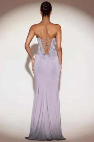 Rochie lungă cu guler înalt și volane, decorată, Miravie, în culoarea liliac Rochie lungă cu guler înalt și volane, decorată, Miravie, în culoarea liliac