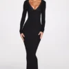 Rochie lungă cu mâneci lungi și decolteu adânc Noa Ribbed Modal, în culoarea neagră