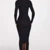 Rochie lungă cu mâneci lungi și decolteu adânc Noa Ribbed Modal, în culoarea neagră