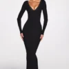 Rochie lungă cu mâneci lungi și decolteu adânc Noa Ribbed Modal, în culoarea neagră