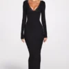 Rochie lungă cu mâneci lungi și decolteu adânc Noa Ribbed Modal, în culoarea neagră