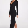 Rochie lungă cu mâneci lungi și decolteu adânc Noa Ribbed Modal, în culoarea neagră