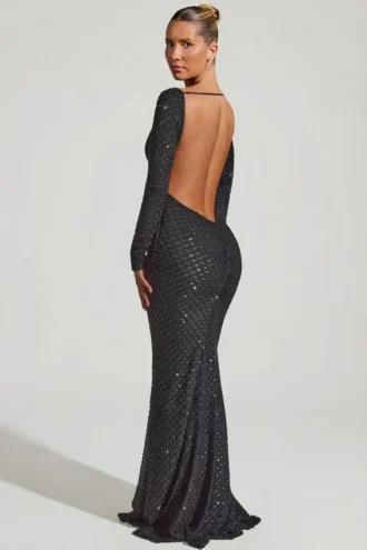 Rochie lungă cu spate decupat și ornamente Jailene, negru Rochie lungă cu spate decupat și ornamente Jailene, negru
