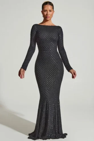 Rochie lungă cu spate decupat și ornamente Jailene, negru Rochie lungă cu spate decupat și ornamente Jailene, negru