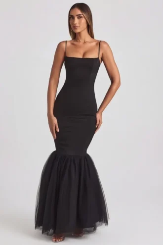 Rochie lungă cu trenă din tul Adelpha, negru Rochie lungă cu trenă din tul Adelpha, negru