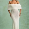 Rochie lungă cu umeri decupați Naia Bouclé, albă Rochie lungă cu umeri decupați Naia Bouclé, albă