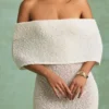 Rochie lungă cu umeri decupați Naia Bouclé, albă Rochie lungă cu umeri decupați Naia Bouclé, albă