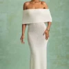 Rochie lungă cu umeri decupați Naia Bouclé, albă Rochie lungă cu umeri decupați Naia Bouclé, albă