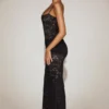 Rochie lungă din dantelă transparentă cu decolteu pătrat și volane, model Wintra, culoare negru