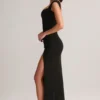 Rochie lungă Elva din modal, cu decolteu în formă de inimă și talie drapată, în culoarea neagră