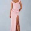 Rochie lungă Elva din modal, cu decolteu în formă de inimă și talie drapată, în roz pudrat
