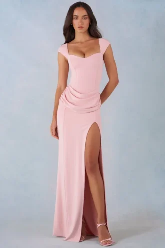 Rochie lungă Elva din modal, cu decolteu în formă de inimă și talie drapată, în roz pudrat Rochie lungă Elva din modal, cu decolteu în formă de inimă și talie drapată, în roz pudrat
