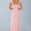 Rochie lungă Elva din modal, cu decolteu în formă de inimă și talie drapată, în roz pudrat