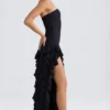 Rochie lungă fără bretele Diletta cu volane, în negru Rochie lungă fără bretele Diletta cu volane, în negru