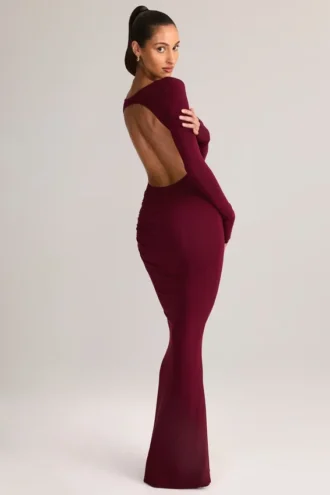 Rochie lungă fără spate cu volane Regine din modal, culoare vin Rochie lungă fără spate cu volane Regine din modal, culoare vin