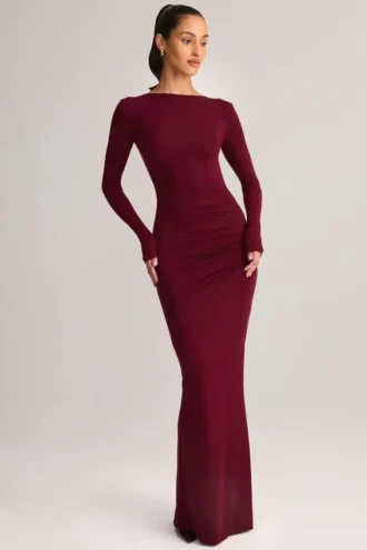 Rochie lungă fără spate cu volane Regine din modal, culoare vin Rochie lungă fără spate cu volane Regine din modal, culoare vin
